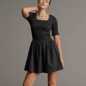 Damson Madder Straight-Neck Smocked Mini Dress - Size 10; Black
